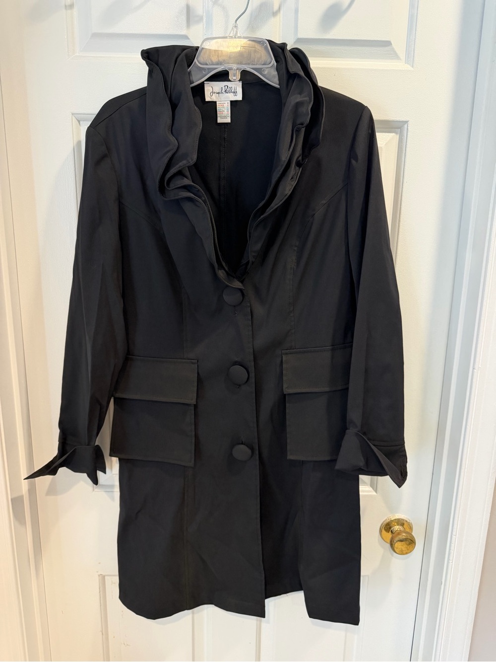 Joseph Ribkoff Black Ruffle-Collar Trench Coat Sz 10